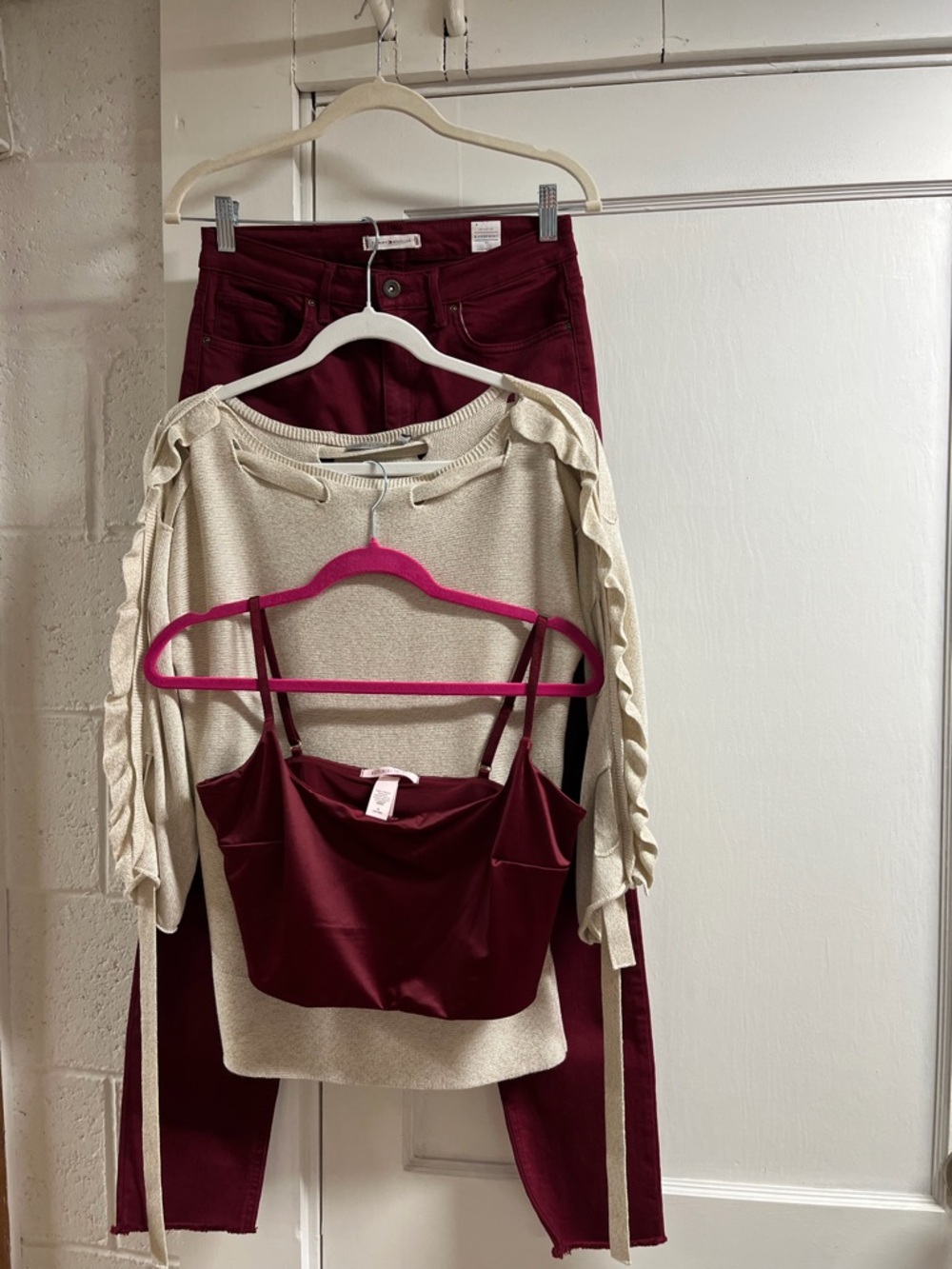3 pc Victoria's Secret Burgundy Satin bralette/golden sweater top/jeans
